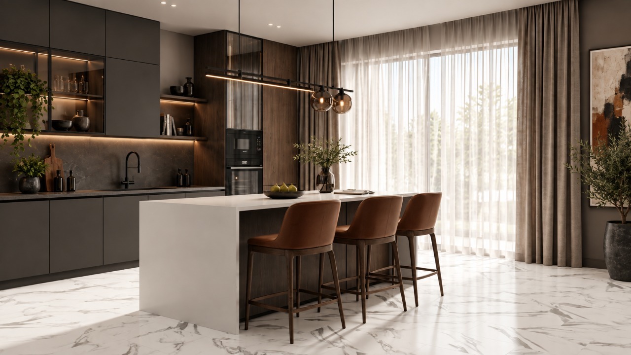 Белая плитка под мрамор в контрастной кухне с графитовыми фасадами, стеклянными светильниками и коньячными барными стульями